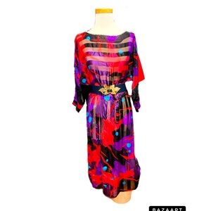 Vintage 100% Silk Color Block Sheer Dress